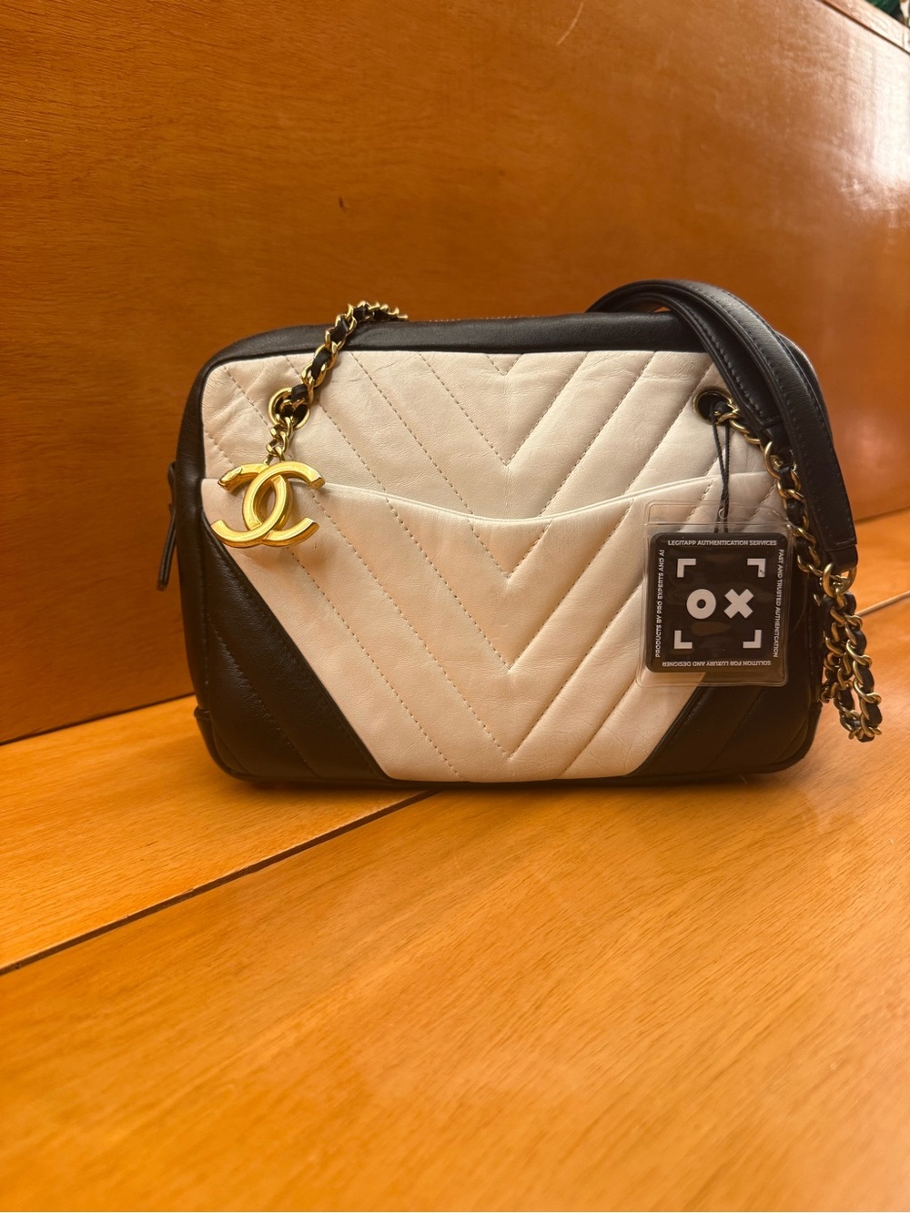 CHANEL Gabrielle Black & White V-Stitch Quilted Shoulder Bag with Gold CC Charm